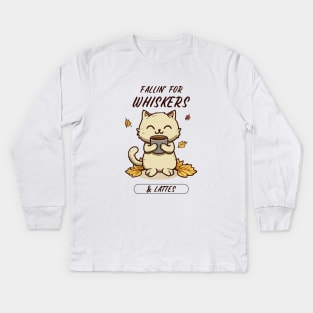 Fallin' For Whiskers & Lattes | Cat Drinking Coffee Kids Long Sleeve T-Shirt